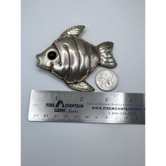 Vintage Pendant And Brooch Fish In Silver Tone Whit Copper And Brass Extra Large - Picture 4 of 7